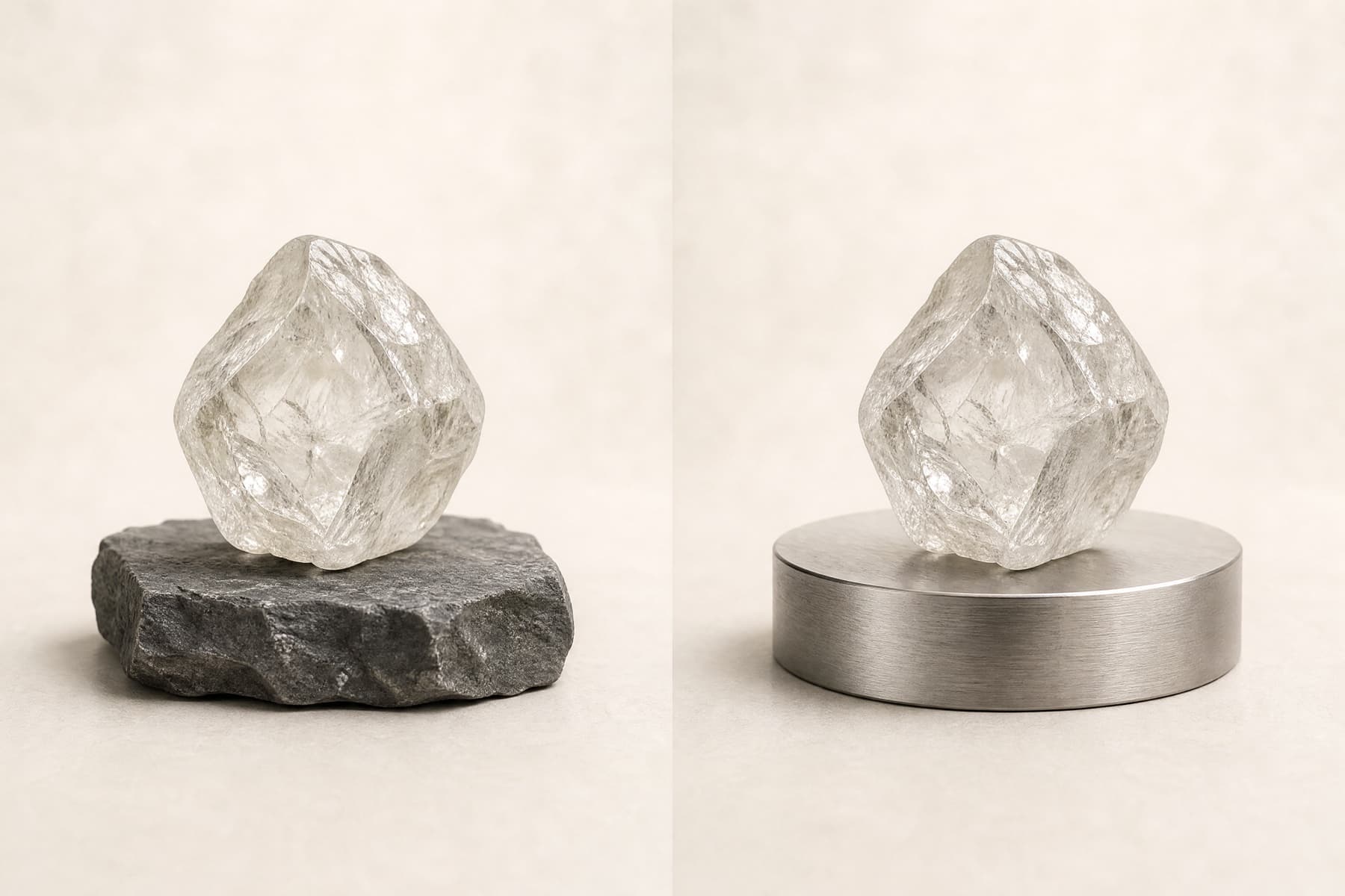 Two rough diamond crystals shown at equal size and under equal lighting, one on rock and one on brushed steel